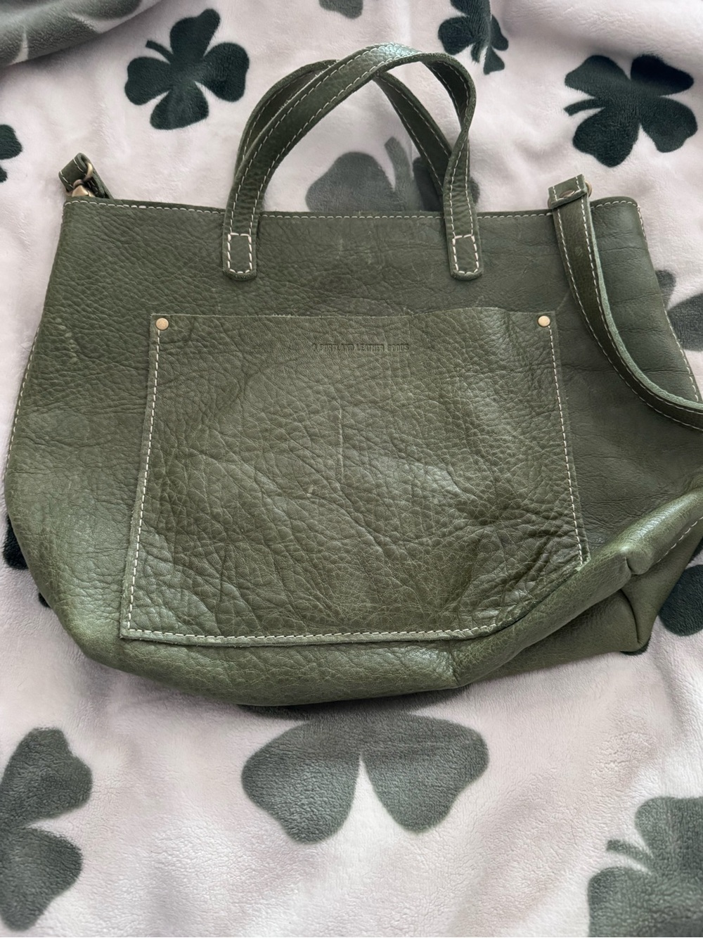 Textured Olive Green Leather medium crossbody zipper Tote with Front Pocket